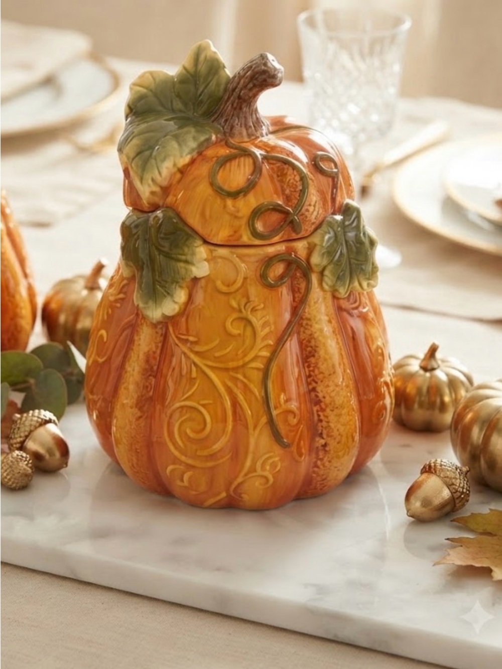 Decorative Ceramic Pumpkin Jar - Orange with Green Leaf Accent